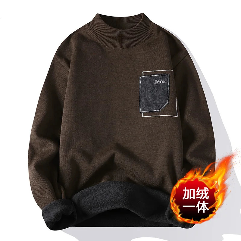 Men's Sweaters Men Autumn Winter Sweater Fashion Knitted Mock Neck Thick Fleece Inside Men Solid Color Casual Sweater Pullovers 231026