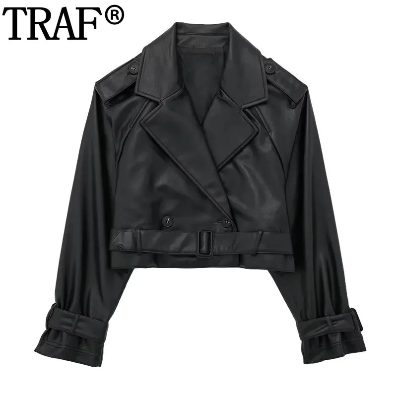 Women's Leather Faux Leather TRAF Cropped Black Jacket Woman Windbreaker Faux Leather Jacket Women Long Sleeve Trench Coat For Women Y2k Belt In 