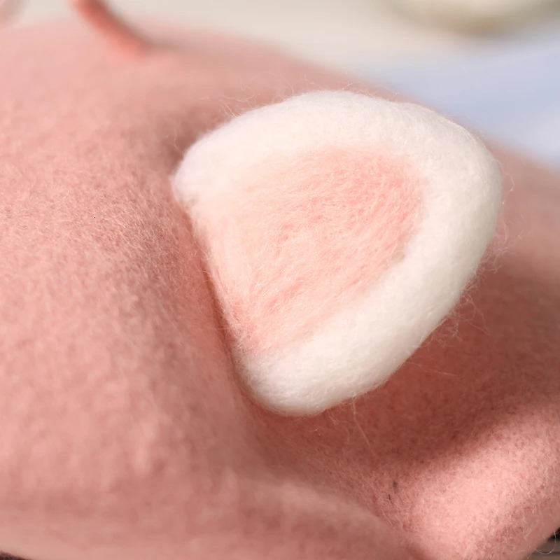Berets VISROVER Cute Adult Cat Ear 100% Wool Beret Solid Autumn Hat Winter Cap Spring Punk Beret Hat Rabbit Beret Wholesale 231027
