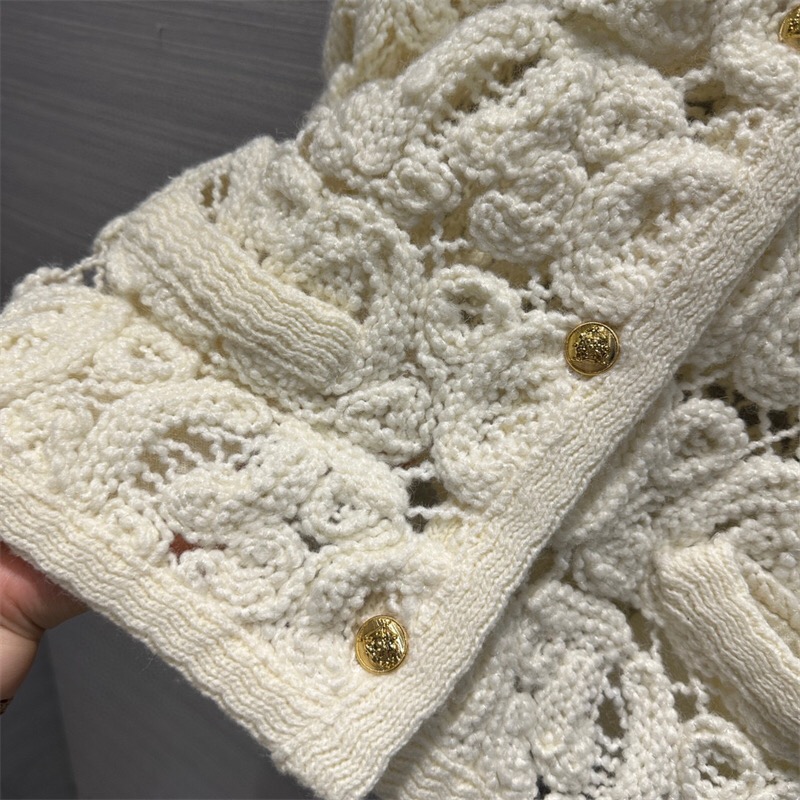 2023 Off White ce Heavy Industry Hook Flower Hollow Knitted Cardigan Small Fragrancec C oat Women