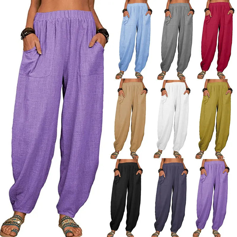 Women's Pants Capris Women Harem Pants Summer Casual Vintage Cotton Linen Pants Elastic Waist Wide Leg Fashion Loose Pockets Female Trousers S-5X