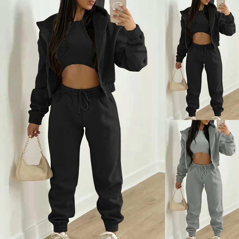 Women's Tracksuits Women's Tracksuit Suit Winter Fashion Warm Hoodie Sweatshirts Two Pieces Oversized Solid Casual Zipper Hoody Long Pant Se