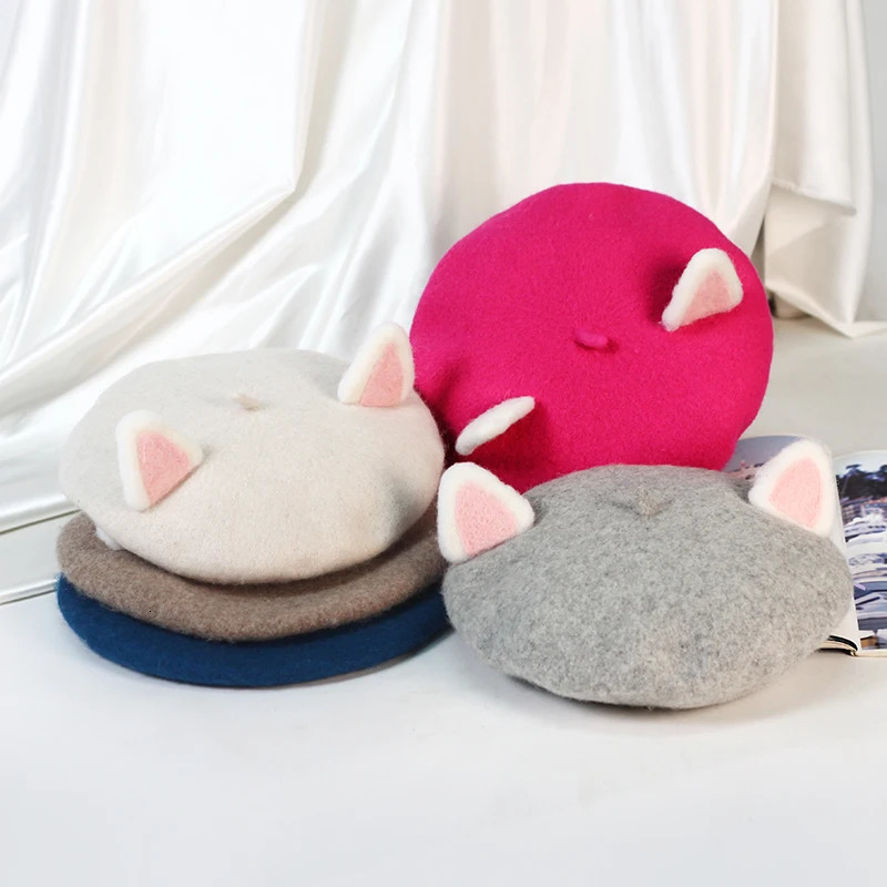 Berets VISROVER Cute Adult Cat Ear 100% Wool Beret Solid Autumn Hat Winter Cap Spring Punk Beret Hat Rabbit Beret Wholesale 231027