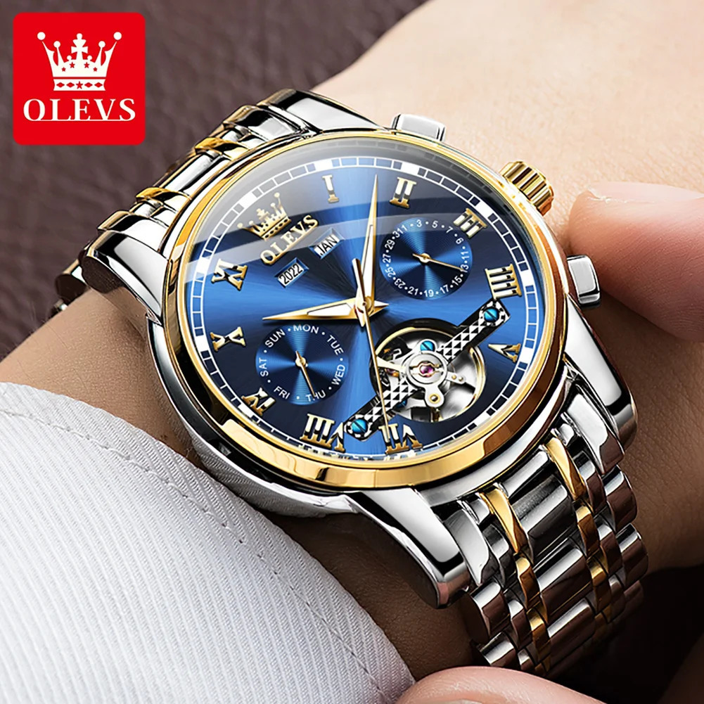 Wristwatches Original OLEVS Automatic Watch for Men Date Calendar Skeleton Hollow Stainless Steel Business Wristwatch Mechanical 231027
