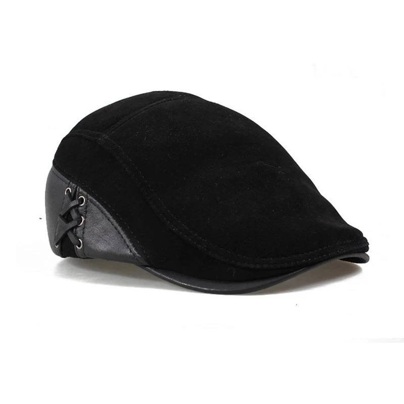 Berets Fashion European Style Genuine Leather Caps Beret Man Casual Sheepskin Suede Black/Brown Fitted Duckbill Hats Male 231027