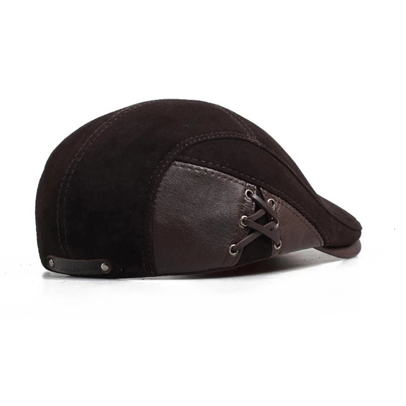 Berets Fashion European Style Genuine Leather Caps Beret Man Casual Sheepskin Suede Black/Brown Fitted Duckbill Hats Male 231027
