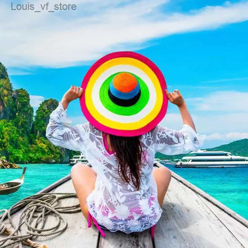 Beanie/Skull Caps 70cm Oversized Wide Brim Sun Hat Travel Large UV Protection Beach Straw Hats Women's Summer Floppy Foldable Chapeaux Wholesale 