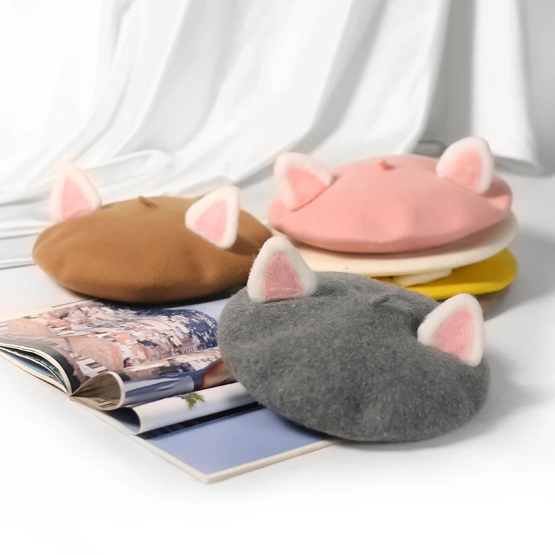 Berets VISROVER Cute Adult Cat Ear 100% Wool Beret Solid Autumn Hat Winter Cap Spring Punk Beret Hat Rabbit Beret Wholesale 231027