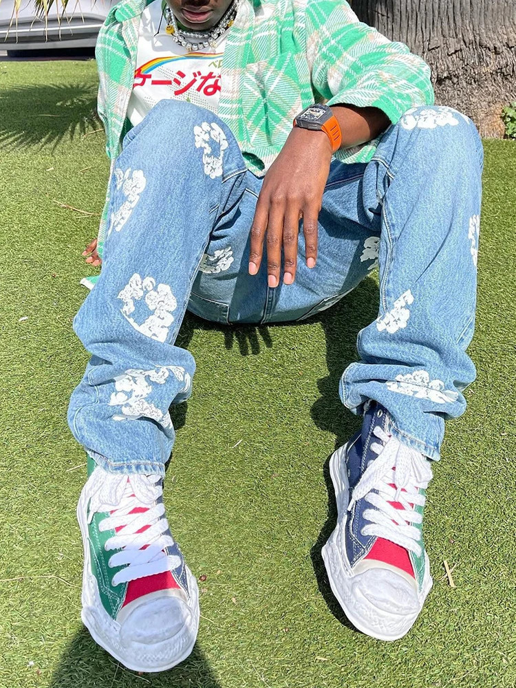 Men's Jeans Arrival Loose Straight Comfy Cotton Denim Pants Trousers Y2K Clothes Streetwear Casual Fashion Flowers Printed Jeans For Men 231026
