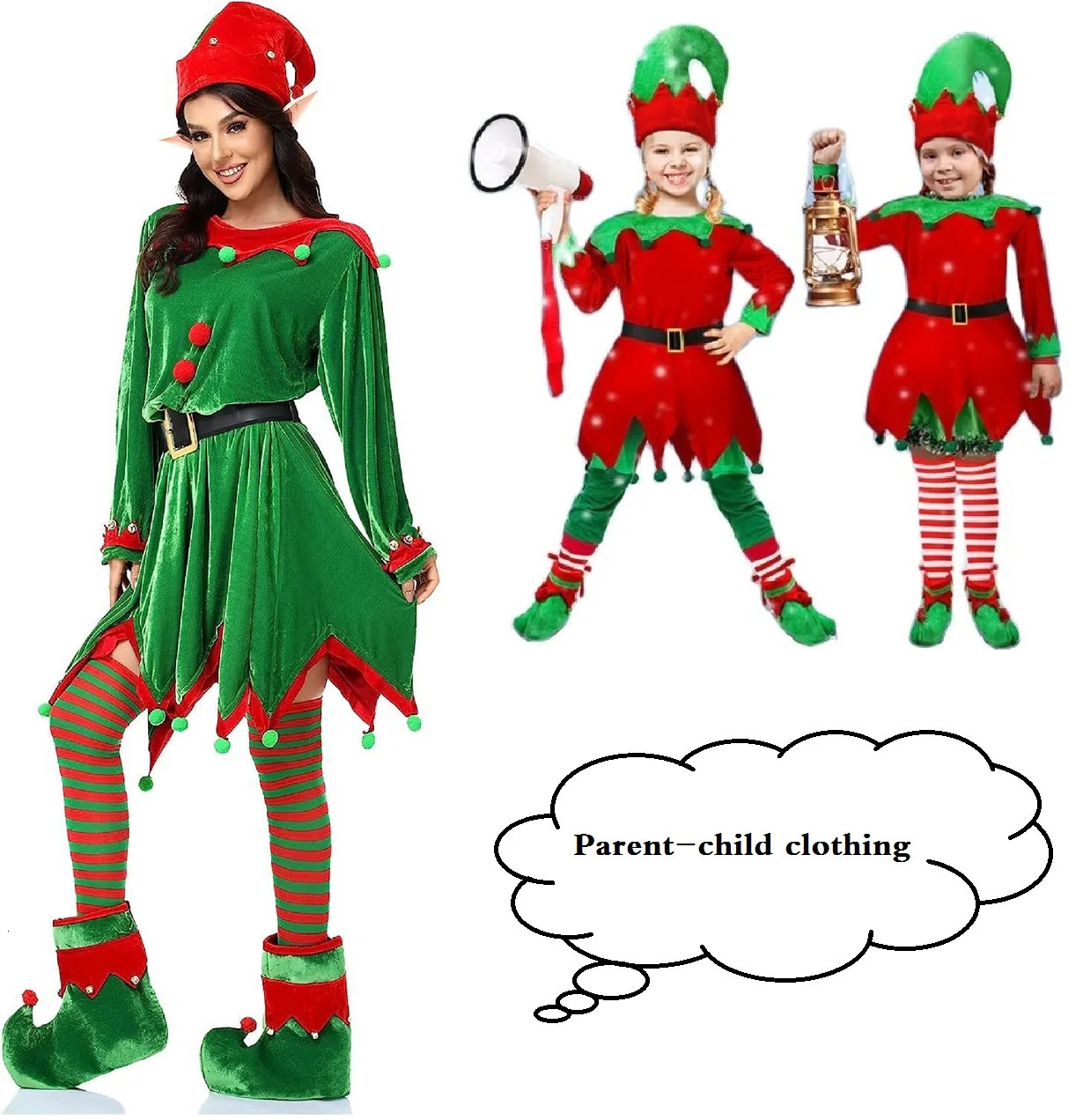 Family Matching Outfits Christmas Parent Child Costumes Cute Red Green Elf Wearing Hat Role Play Children s Adult Style 231027