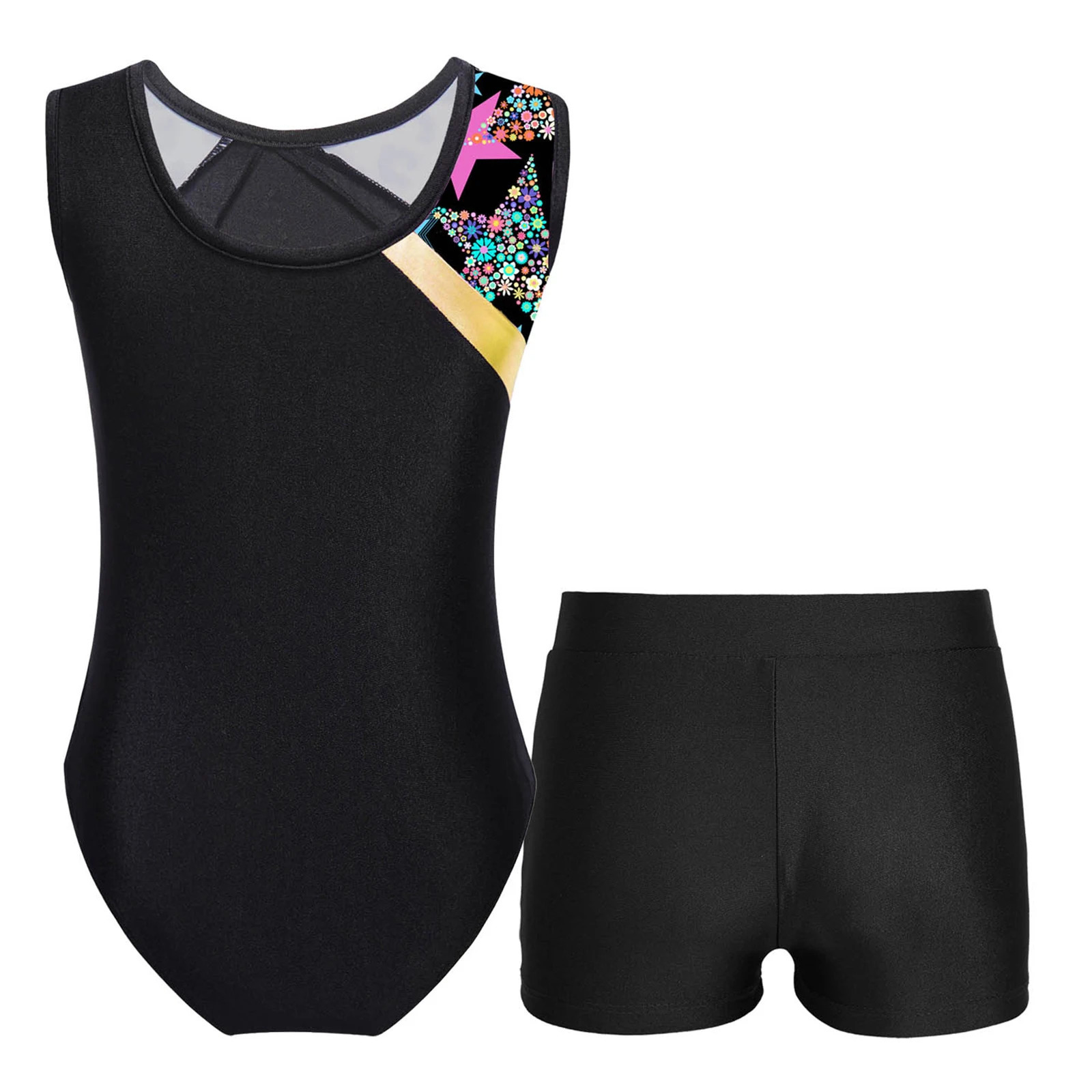 Gymnastic Rings Kids Girls Sleeveless Patchwork Print Gymnastics Leotard with Shorts Workout Skating Jumpsuit Dancewear Ballet Training Costume 231027