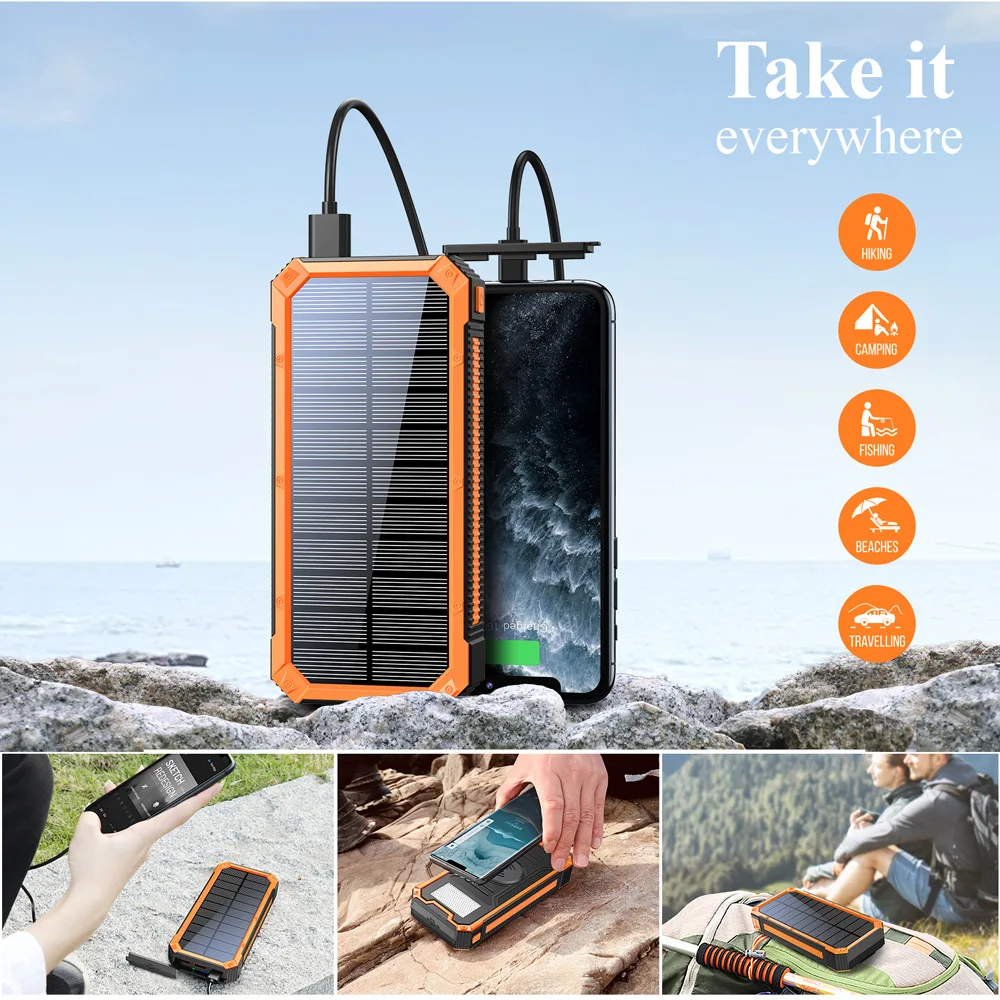 Waterproof Outdoor Solar Power Bank 30000mah Wireless Powerbank With Flashlight Portable Fast Charging External Battery Pack