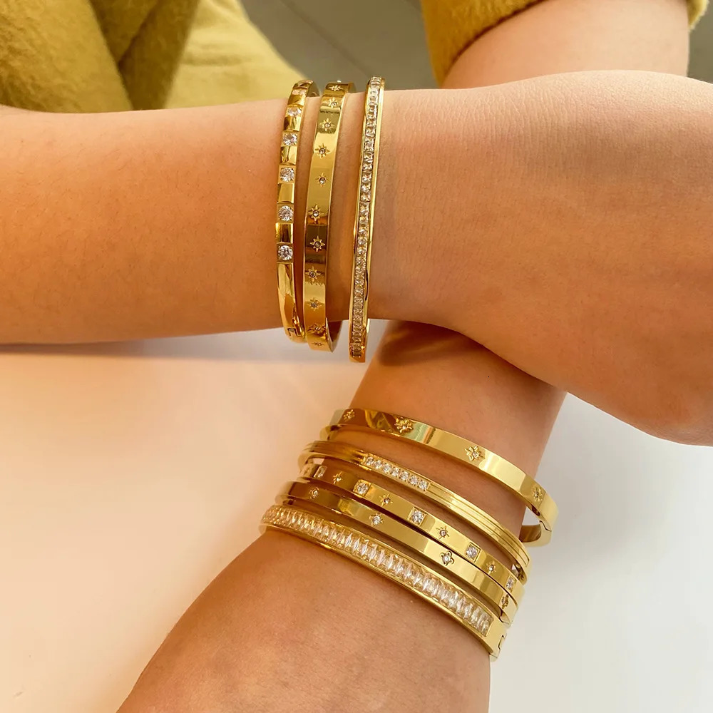 Bangle Waterproof Cubic Zirconia Bangles Stainless Steel Bracelets Gold Plated Jewelry for Women Factory Wholesales Customize