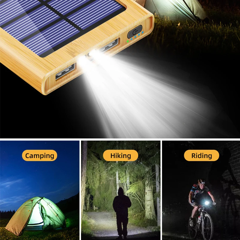 20000mah Solar Power Bank Dual USB Output Portable Charger Fast Charging wooden Powerbank With LED Light For iPhone Xiaomi