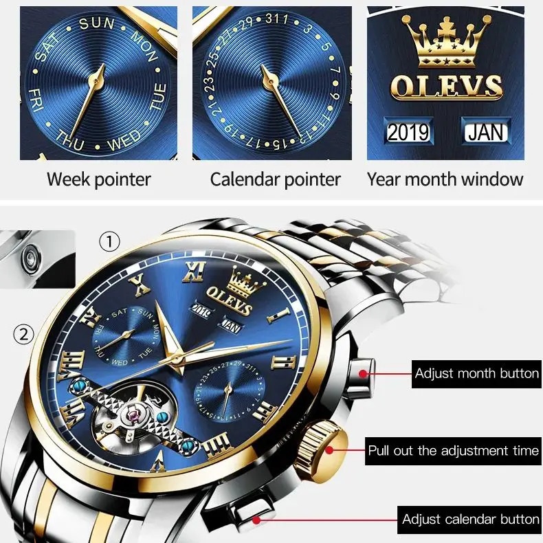 Wristwatches Original OLEVS Automatic Watch for Men Date Calendar Skeleton Hollow Stainless Steel Business Wristwatch Mechanical 231027