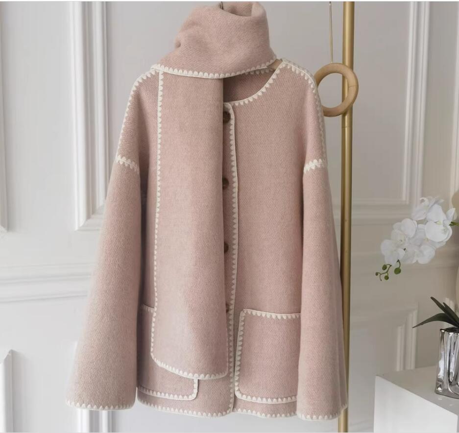 Double faced cashmere coat for women in autumn and winter 2023, medium length new style cashmere double faced woolen coat powder