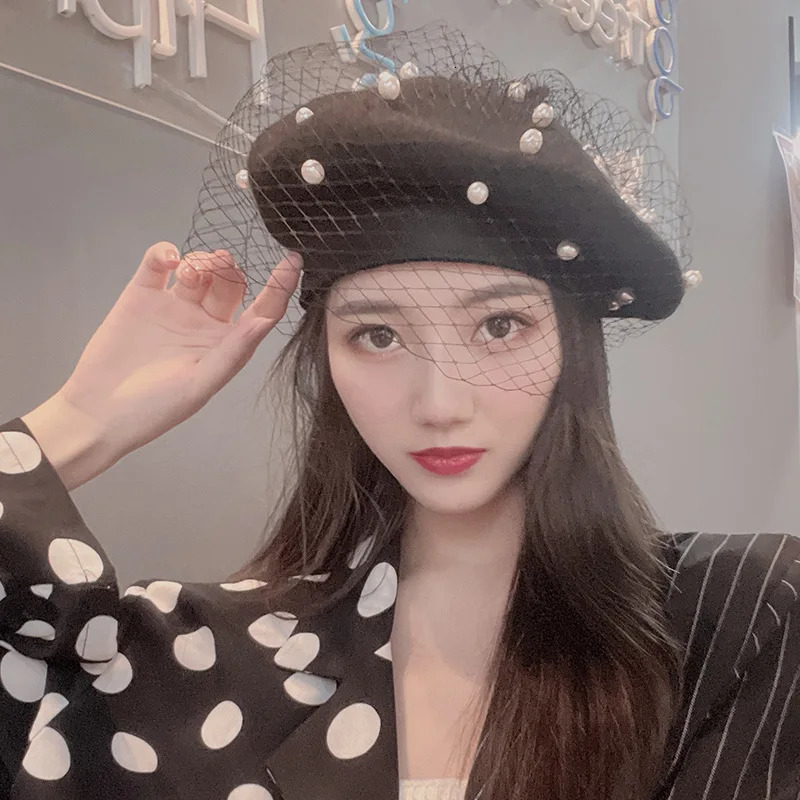 Berets Elegant Women Mesh Veil Wool Beret Vintage French Painter Hat Autumn Winter Female Beanie Pumpkin Lady Warm Walking Berets Caps 231027