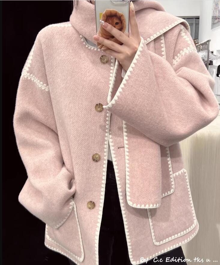 Double faced cashmere coat for women in autumn and winter 2023, medium length new style cashmere double faced woolen coat powder