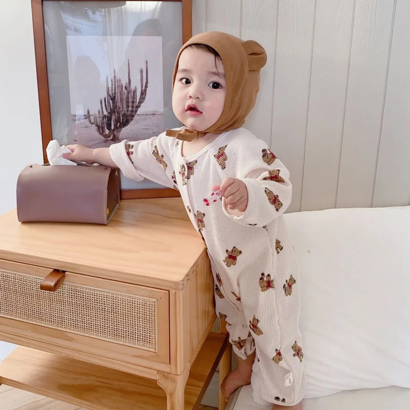 Rompers Bear Romper for Boys Girls Waffle Autumn Baby Jumpsuit Korean Toddler Outfit Infant Onesie born Clothing 231026