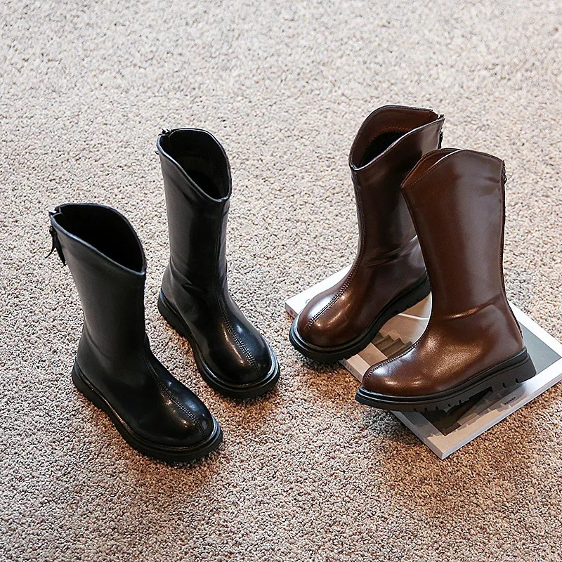 Boots Winter Boots for Girls Plush Warm Black Brown Mid-calf Children Long Boot Pu Leather Fashion 26-36 Round Toe Soft Kids Shoes 231026