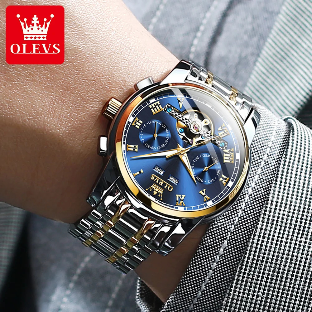 Wristwatches Original OLEVS Automatic Watch for Men Date Calendar Skeleton Hollow Stainless Steel Business Wristwatch Mechanical 231027