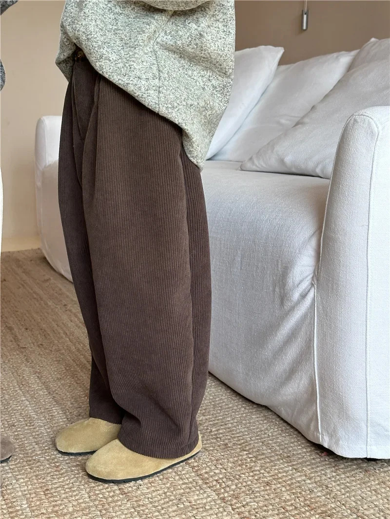 Trousers Winter Kids Pants solid color warm corduroy straight trousers Boys Girls fleece lining thicken casual pants 231026