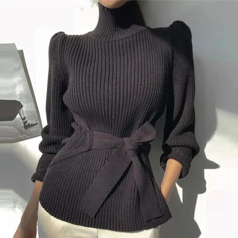 Women's Sweaters Xpqbb Women Turtleneck Pullover Sweater Korean Fashion Bandage Side Split Knitting Jumper Woman Winter Warm Long Sleeve 231026