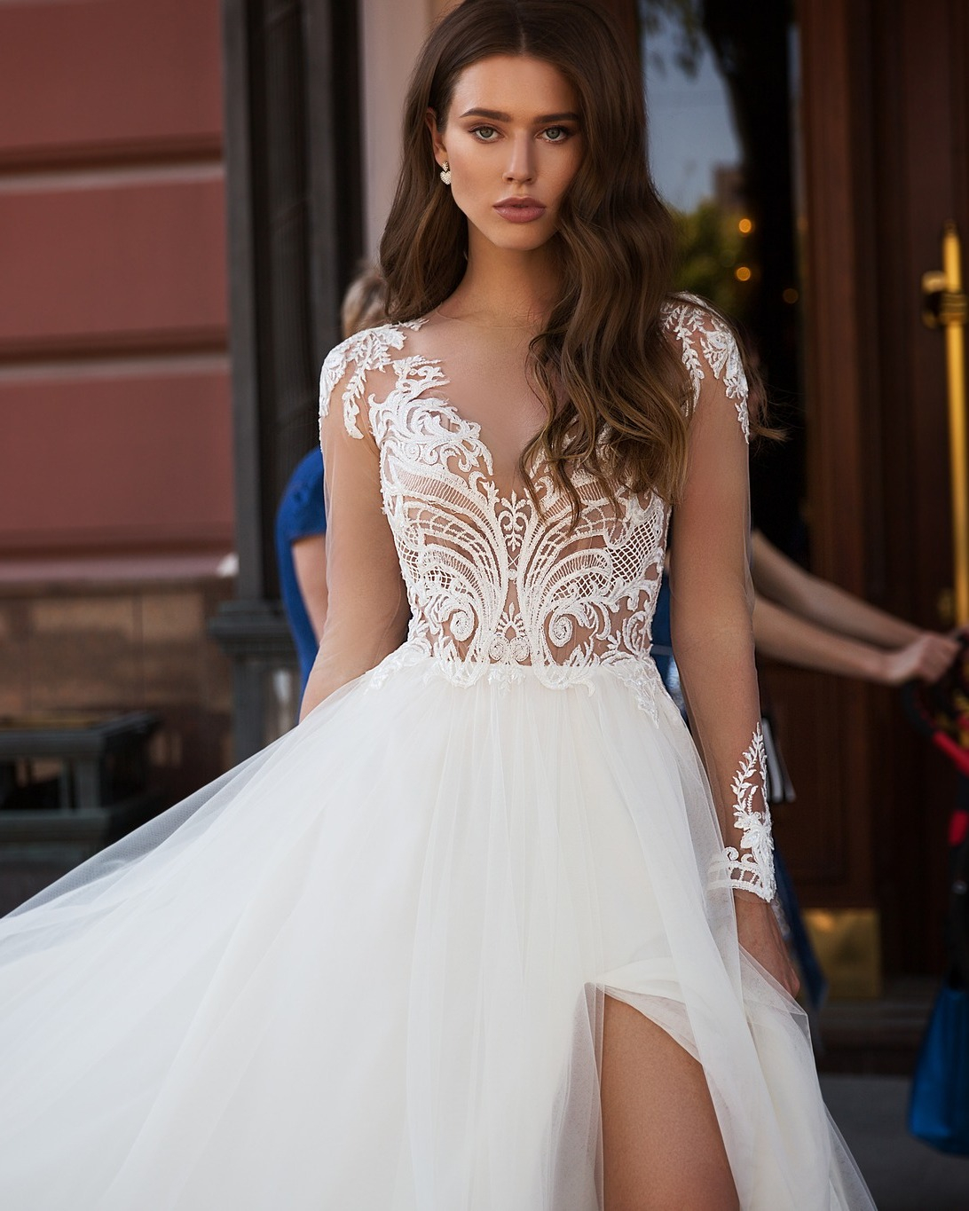 Sexy High Side Split Beach 2024 Berta Wedding Dress Long Sleeve Lace Appliqued Bohemian Tulle Bridal Gowns A Line Boho Bride Dress