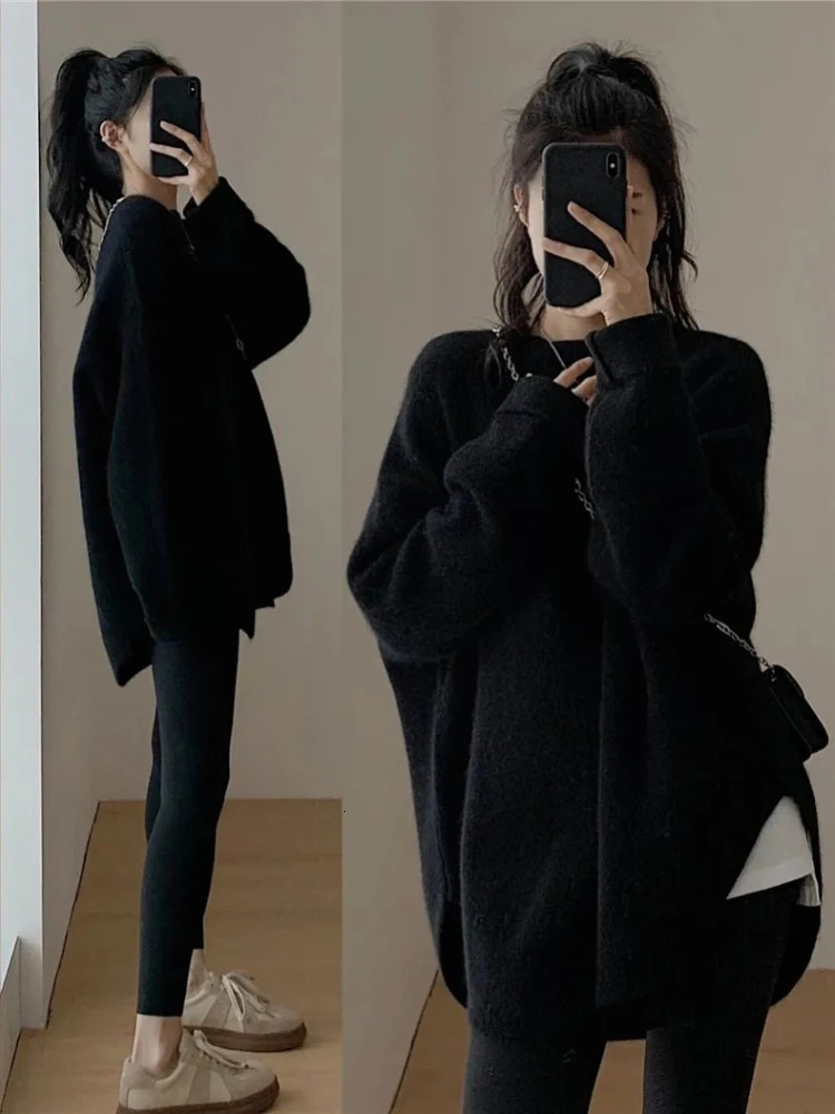 Women's Sweater Loose Cashmere Korean Mid Length Knitwear Vintage French Solid Oversized Pullover Autumn Winter Turtleneck 231026