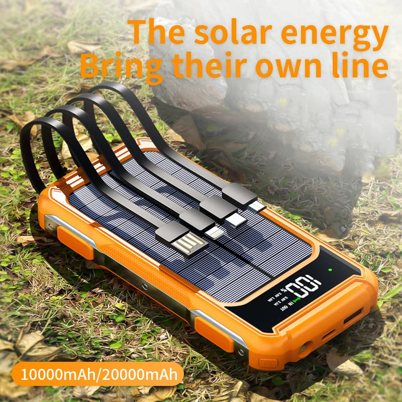 Power Bank 20000mah Solar Powerbank with Cable Type C Fast Charging External Battery Charger for iPhone 12 13 Xiaomi 10 9 Huawei