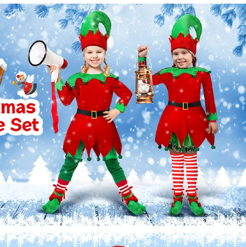 Family Matching Outfits Christmas Parent Child Costumes Cute Red Green Elf Wearing Hat Role Play Children s Adult Style 231027