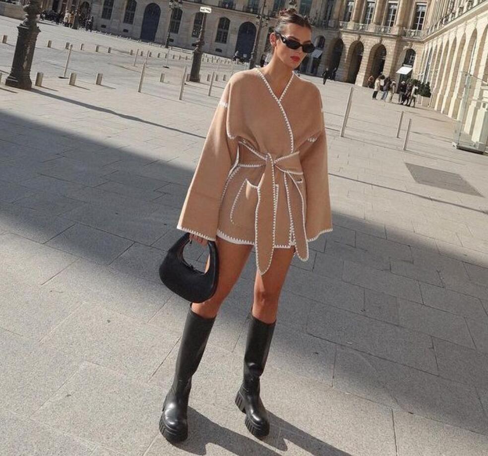 2023 Autumn/Winter New V-neck Lace up Cardigan Jacket Waistband Lace Design Coat