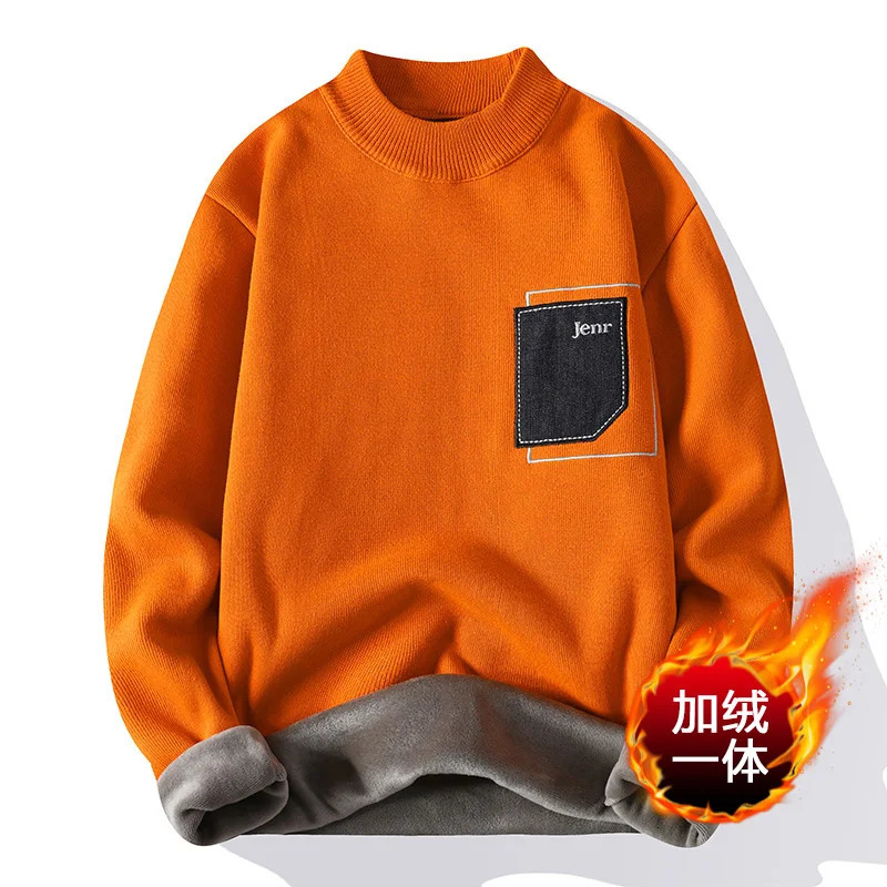 Men's Sweaters Men Autumn Winter Sweater Fashion Knitted Mock Neck Thick Fleece Inside Men Solid Color Casual Sweater Pullovers 231026