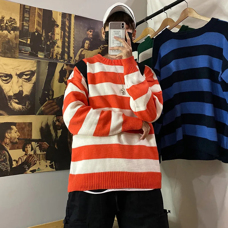 Men's Sweaters Loose Knitted Sweater Ins Round Neck Sweater Boys Trendy Personality Hong Kong Style Striped Couple Jacket Warm Sweatshirt 231026