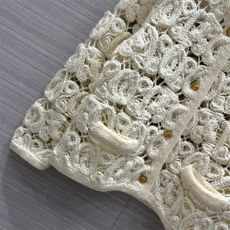 2023 Off White ce Heavy Industry Hook Flower Hollow Knitted Cardigan Small Fragrancec C oat Women
