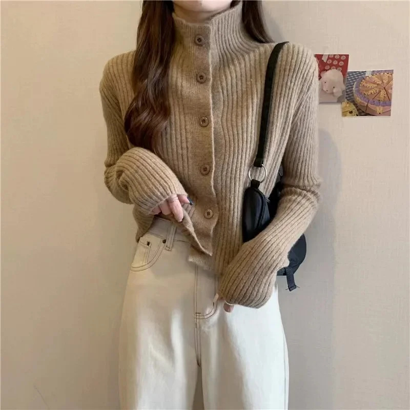 Women's Knits Tees Fashion Style Standing Collar Short 100 Wool Knitted Cardigan Autumn and Winter Loose Lapel Cashmere Small Coat Top 231027