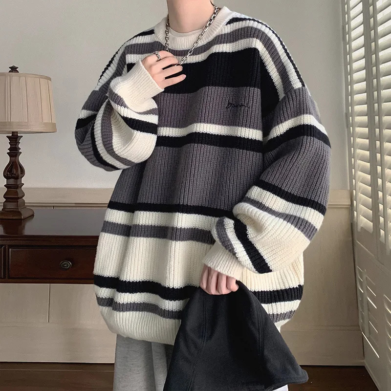 Men's Sweaters Striped Contrast Color Sweater Boys Ins Fashion Casual Retro Couple Sweater Unisex Style Round Neck Jacket Warm Sweater 231026