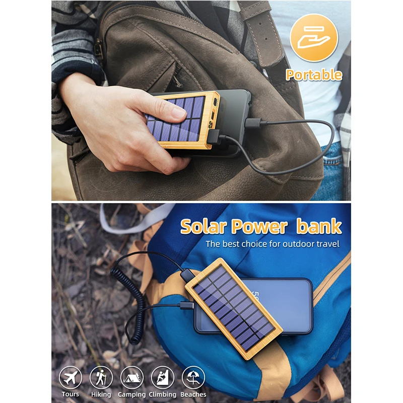20000mah Solar Power Bank Dual USB Output Portable Charger Fast Charging wooden Powerbank With LED Light For iPhone Xiaomi