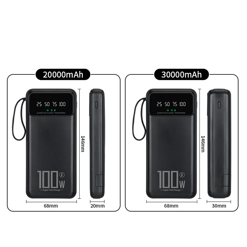 Power Bank 30000mah 22.5W Fast Charging Powerbank Built in Cables Portable Charger External Battery Pack For iPhone 14 13 Xiaomi