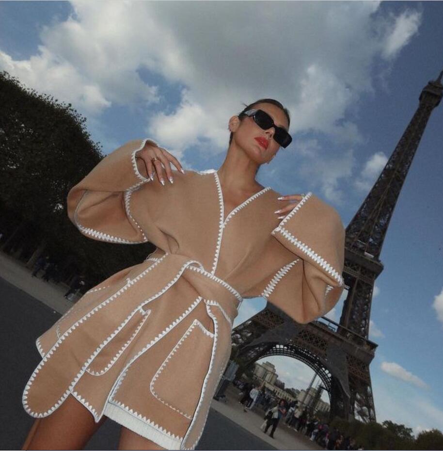 2023 Autumn/Winter New V-neck Lace up Cardigan Jacket Waistband Lace Design Coat