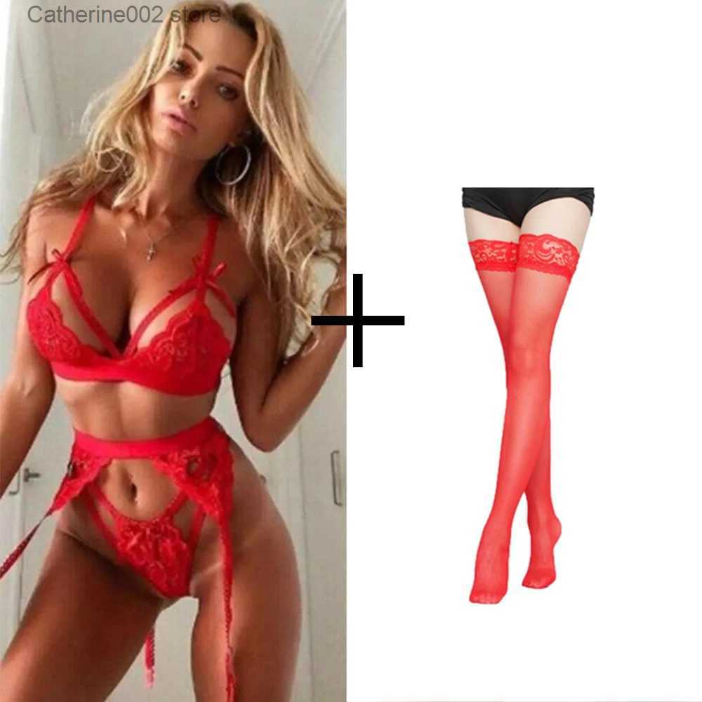 Sexy Set Sexy Women Underwear Set Babydoll Transparent Lace Bra +garter Belt +Thong 3-piece Set Hot Erotic Bra Lingerie Set Porn Clothes T231027