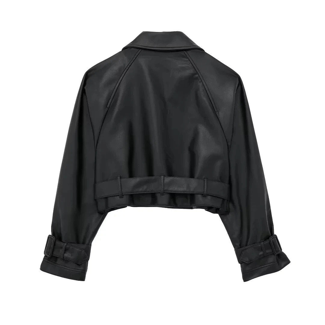 Women's Leather Faux Leather TRAF Cropped Black Jacket Woman Windbreaker Faux Leather Jacket Women Long Sleeve Trench Coat For Women Y2k Belt In 
