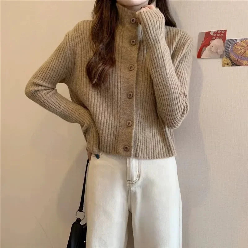 Women's Knits Tees Fashion Style Standing Collar Short 100 Wool Knitted Cardigan Autumn and Winter Loose Lapel Cashmere Small Coat Top 231027