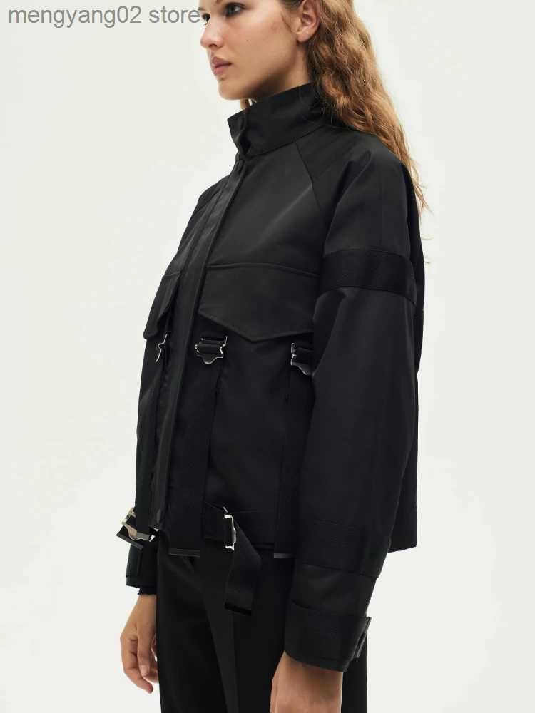 Women's Jackets RR2784 Waterproot Black Bomber Jackets For Women Traf Official Store Contrast High Neck Long Sleeves With Matching Bands Coat T23