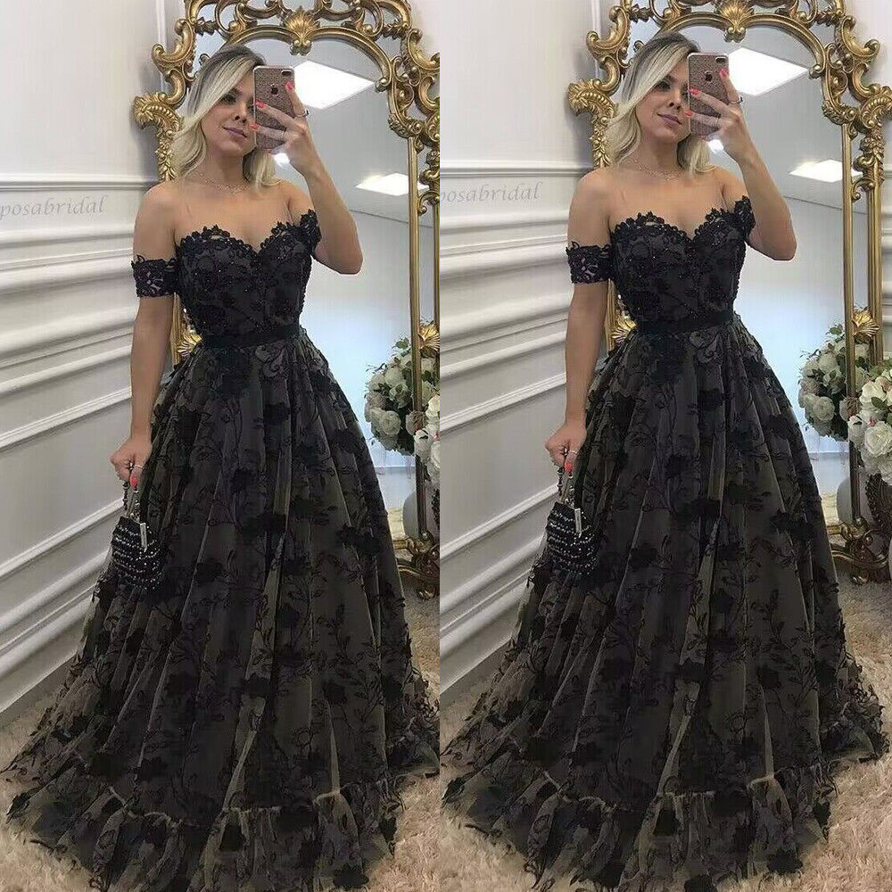 Black Off The Shoulder Glitter Floral SweetHeart Wedding Dress Sleeveless Deep A-Line Lace Appliques Wedding Night Party