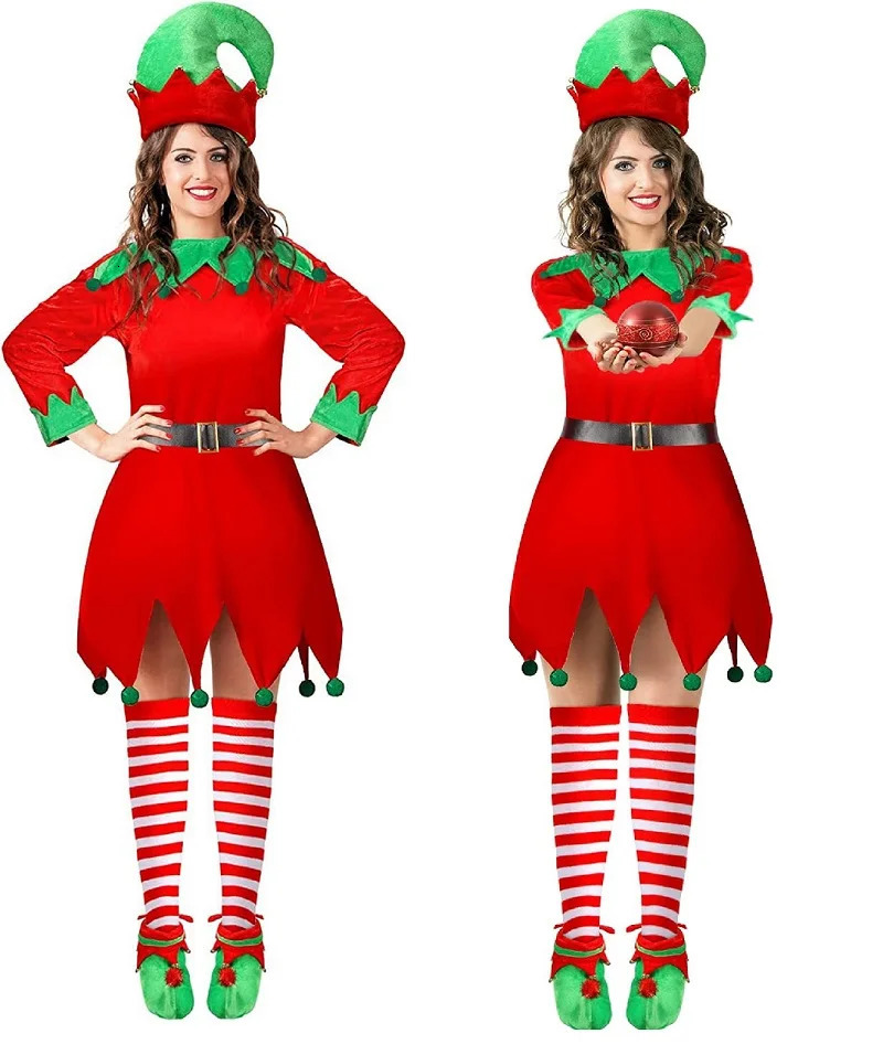 Family Matching Outfits Christmas Parent Child Costumes Cute Red Green Elf Wearing Hat Role Play Children s Adult Style 231027
