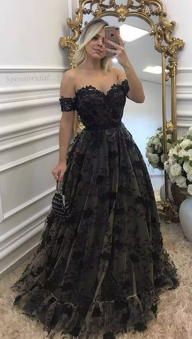 Black Off The Shoulder Glitter Floral SweetHeart Wedding Dress Sleeveless Deep A-Line Lace Appliques Wedding Night Party