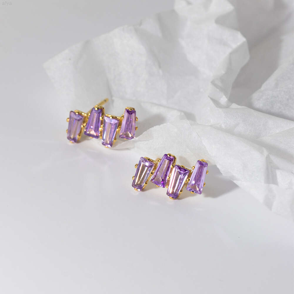 S925 Silver Wave Square Purple Moissanite Diamond Zircon Stud