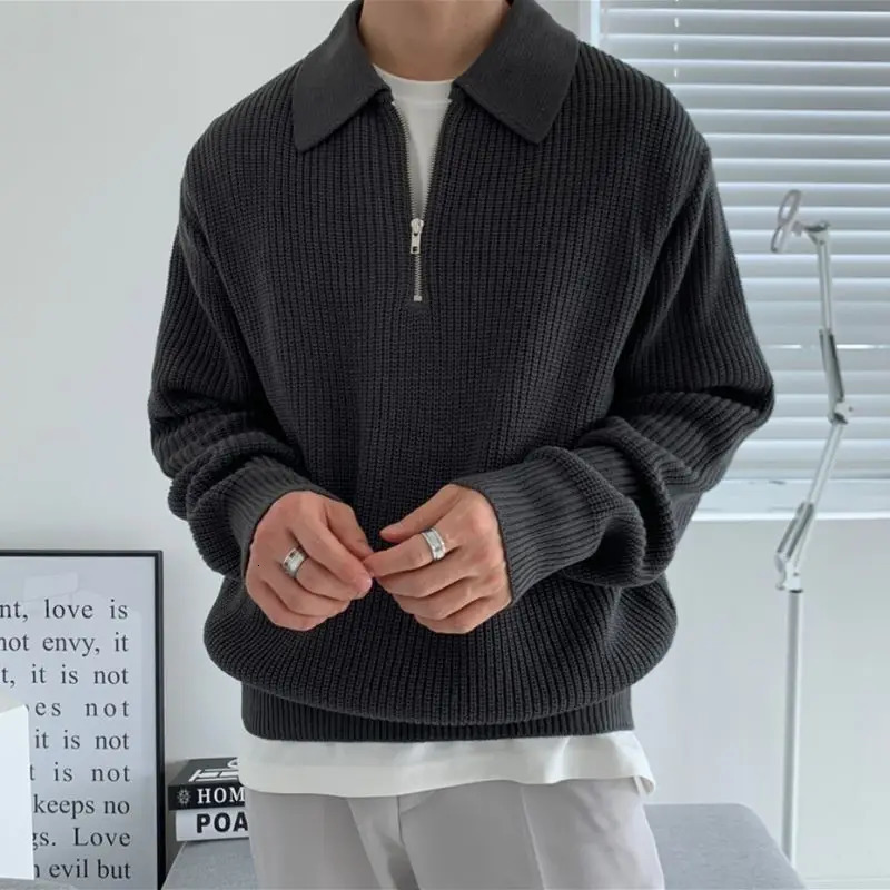 Men's Sweaters 3-Color Lapel Sweater Men Warm Fashion Casual Knit Pullover Men Korean Loose Zipper Long Sleeve Sweater Mens Jumper Clothes 231026