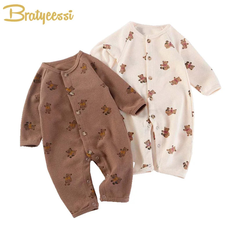 Rompers Bear Romper for Boys Girls Waffle Autumn Baby Jumpsuit Korean Toddler Outfit Infant Onesie born Clothing 231026